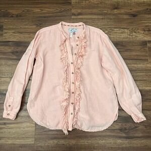 Anthropologie Pilcro Pink Ruffle Blouse Button Up Linen Women Medium Cottagecore